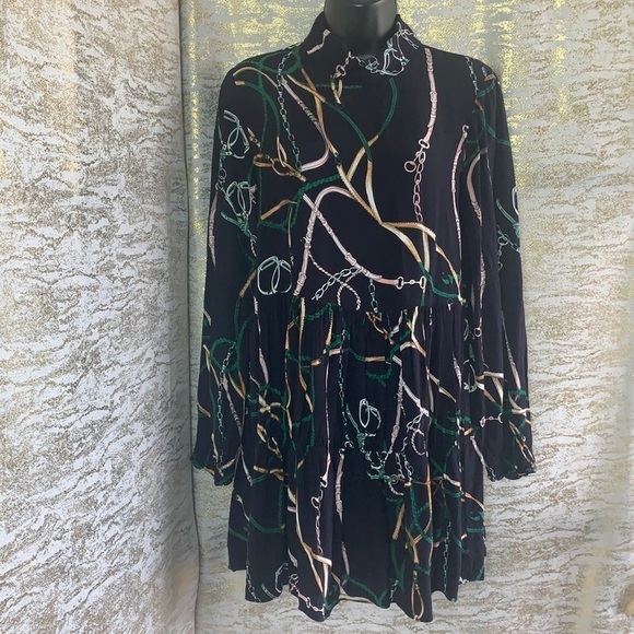 Zara Blue & Green Chain Link Collared Dress Size S - Picture 3 of 14